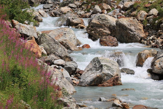 Idyllic mountain stream in the canton of Bern in the Swiss Alps