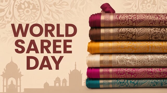 World Saree Day Banner with Stack of Traditional Indian Silk Sarees and Temple Silhouette