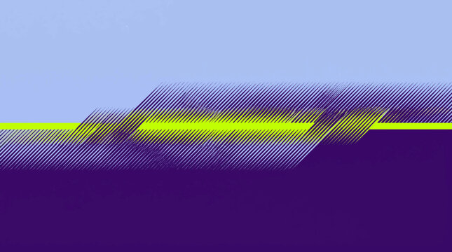 Abstract Digital Illustration of Geometric Neon Green Line with Purple Textured Diagonal Strokes on a Light Blue Minimalist Background