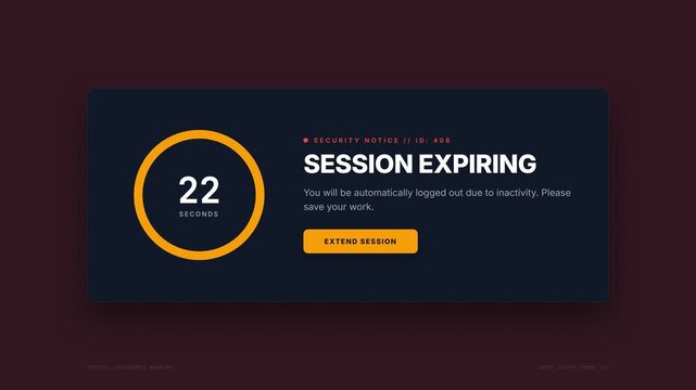 Session Expiring Notification, Countdown Timer with Decreasing Seconds, Security Notice with Extend Session Button, symbolizing urgency and inactivity warning, seamless loop