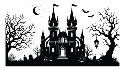 Castle silhouette stands under a crescent moon with spooky trees and jack-o'-lanterns in a graveyard setting. © Sami