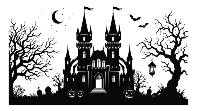 Castle silhouette stands under a crescent moon with spooky trees and jack-o'-lanterns in a graveyard setting.