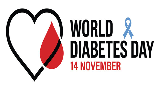 Heart shape combined with a blood drop and blue ribbon marks World Diabetes Day on November 14th.