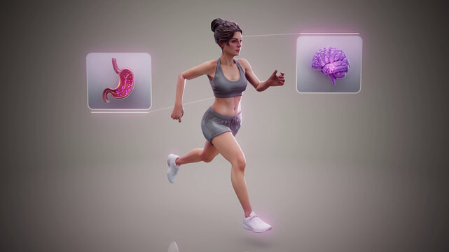 Conceptual 3D illustration of a fit woman running with ghrelin molecules in her stomach