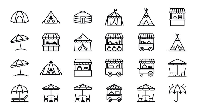 Set of minimalist line icons featuring camping tents, tipis, mobile food carts, market stalls and beach umbrellas, illustrating leisure activities, provides visual elements for tourism