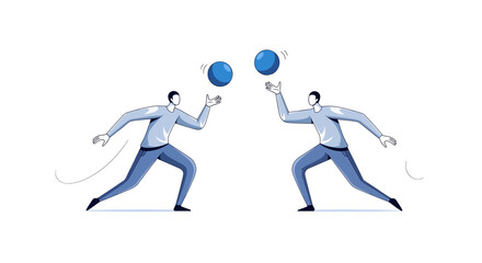 Obraz premium Teamwork and Coordination Concept Illustration: Two Stylized Men Playing Catch or Juggling Blue Balls in Flat Vector Style