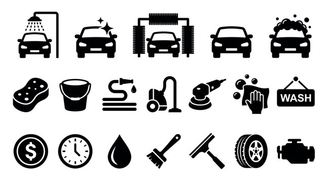 Large set of black car wash service and auto detailing vector icons on white background, symbolizing professional vehicle maintenance and representing high quality cleaning equipment
