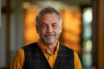 Obraz premium The man with gray hair smiling warmly in a cozy modern office portrait