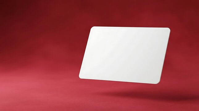 Blank white plastic identification card mockup floating on a deep red studio background for personal profile branding display
