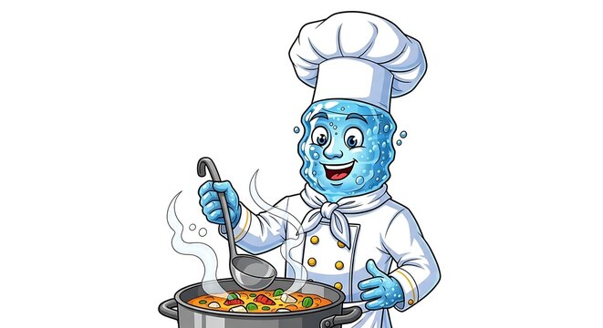 Cheerful robot chef cooking in kitchen.