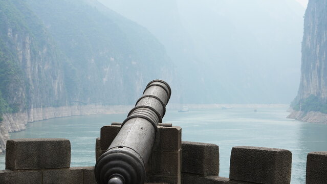 The old fortress view with the old cannon which located near the Yangtze river in China