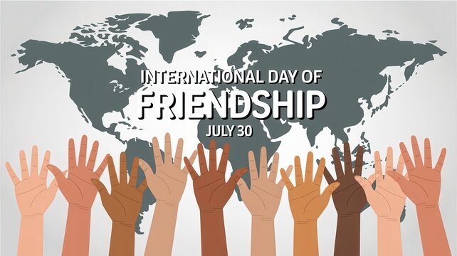 International Day of Friendship poster with world map and diverse raised hands