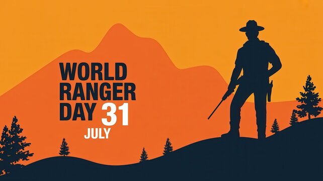 World Ranger Day July 31 banner with silhouette of a park ranger in mountain landscape at sunset