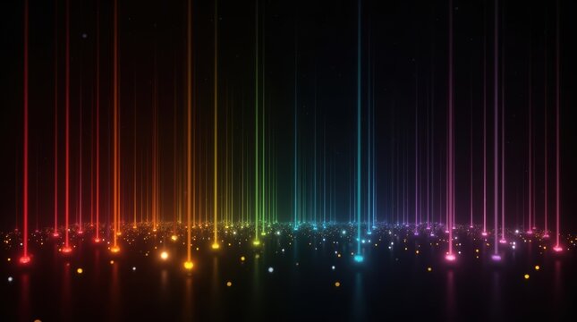 Colorful neon light beams rising from glowing dots on a dark black background forming a modern digital abstract pattern