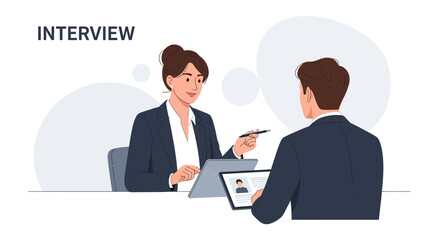Fototapeta premium Business meeting: woman interviews man for job, modern vector illustration