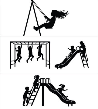 Children playing on playground equipment black silhouettes vector collection featuring swing slide and monkey bars isolated on white background