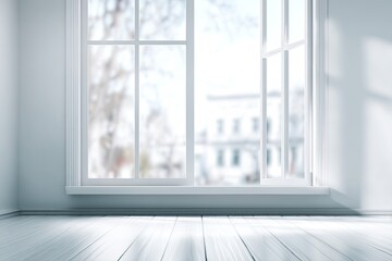 Fototapeta premium An interior space with a sunlit room, featuring an open window and light-colored flooring