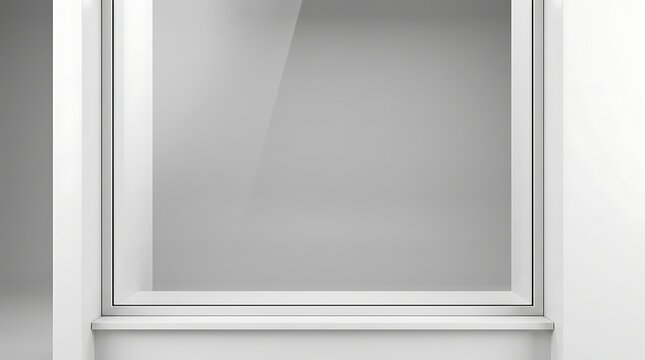 Clean empty glass storefront window display for retail signage branding mockup on neutral interior wall background