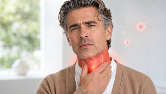 Man with sore throat touching his neck. Concept of sickness showing throat inflammation with virus particles glowing red. Health problem, viral infection symptom or illness diagnosis.