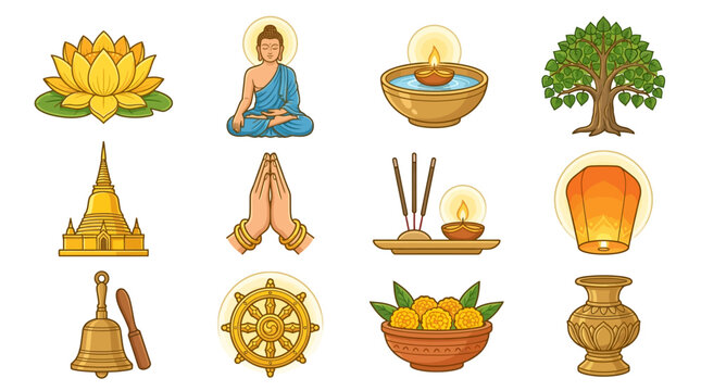 Vesak ceremony icon collection featuring Buddha, lotus, stupa, and prayer hands for Buddhist celebrations