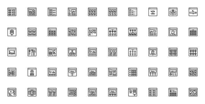 Website layout design icon set. Minimal outline web icons. Includes symbols for website layout, web design, UI elements, navigation, and more. Editable vector stroke.