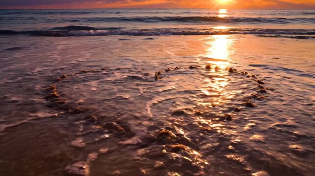 Heart drawn in sand at beach sunset
