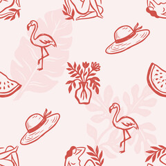 Naklejka premium Summer seamless pattern with hand drawn pink flamingo, sun hat, watermelon and flower vase. Tropical beach holiday texture. Summer mood.