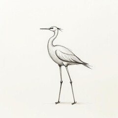 Obraz premium Drawing a heron or crane in pencil on a white background. Image of a marsh bird with a long beak and legs. Detailed drawing of feathers.
