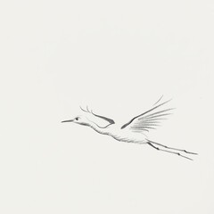 Obraz premium A drawing of a flying crane on a white background. A black and white sketch with a red spot on the head. The style of an engraving or ink drawing. The concept of freedom and nature.