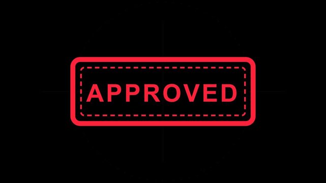 Animated red approved business rubber stamp slamming down with camera shake effect and HUD grid line on black background