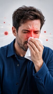 Man blowing nose into tissue with sinus infection visualization. Sick guy suffering from allergy, cold or flu symptoms. Medical concept of nasal congestion, inflammation and respiratory illness.