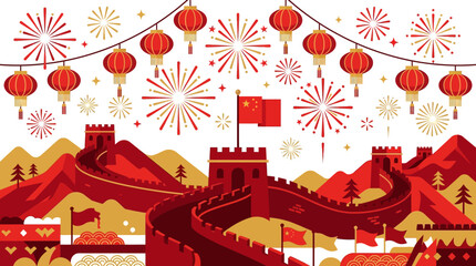 Obraz premium Celebrate with the great wall of china backdrop, lively fireworks, vibrant lanterns, and national flag. Perfect for festive, patriotic designs.