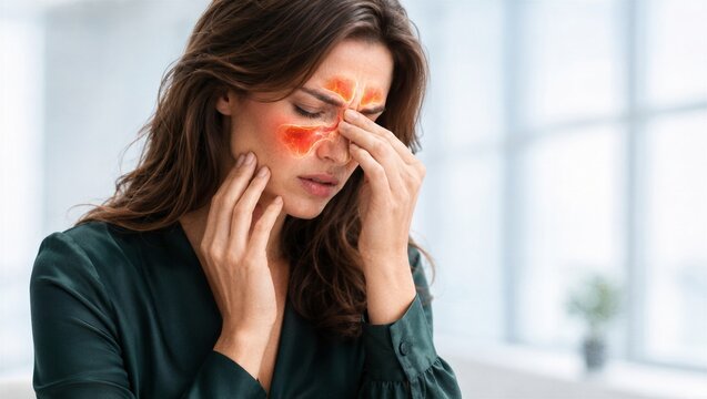 Woman suffering from sinus pain and nasal congestion. Concept of inflammation in nose area showing medical symptom. Illustration of healthcare problem and treatment for sinusitis ailment.