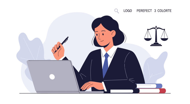 Female Lawyer Working on Laptop with Scales of Justice Symbol