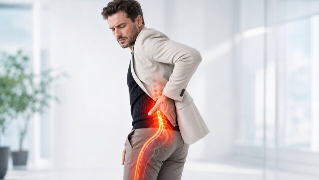 Man suffering from back pain. Businessman touching his lower back with a highlighted glowing red spine area. Medical concept of spinal injury, muscle strain, and orthopedic healthcare.