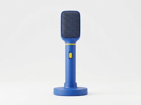 Blue microphone with yellow button on stand, isolated on white background