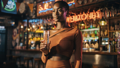 Obraz premium A woman stands in a bar holding a glass, with a background of colorful neon signs and bottles, creating a lively and vibrant nightlife atmosphere.