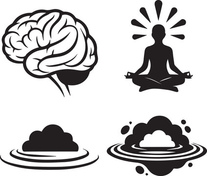 Mental Health and Mindfulness Icon Set with Human Brain, Meditating Silhouette, and Ripple Clouds