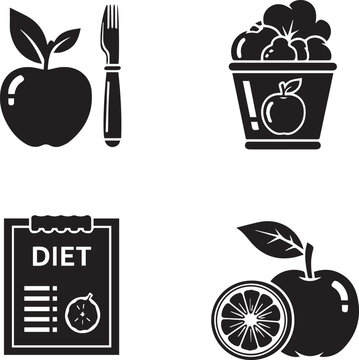 Healthy Diet and Nutrition Solid Glyph Icon Set: Fresh Fruits, Apple with Fork, Weight Loss Plan Clipboard, and Salad Bowl