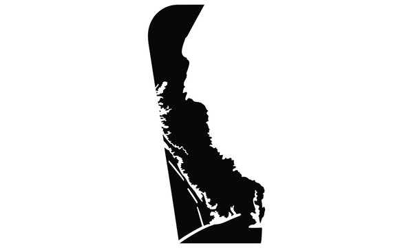Black silhouette shape of the state of Delaware map isolated on a clean white background for professional graphic design projects