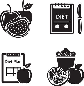 Diet and Nutrition Icon Set: Healthy Eating, Meal Planning, and Weight Loss Vectors