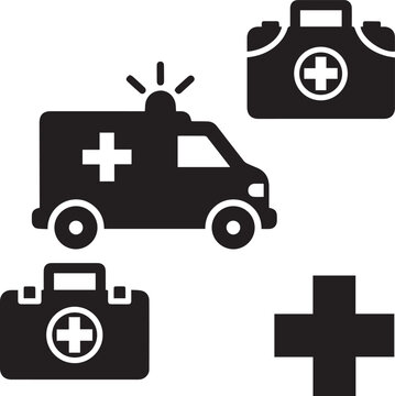 Medical and Emergency Icon Set with Ambulance, First Aid Kit, and Cross Symbols