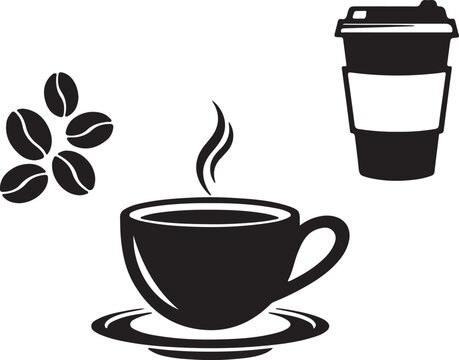 Coffee shop icon set with hot ceramic cup on saucer, takeaway paper coffee cup, and roasted coffee beans. Black and white flat vector illustration isolated on white background.