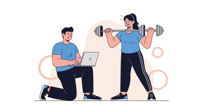Personal Trainer Coaching Woman Lifting Weights with Laptop