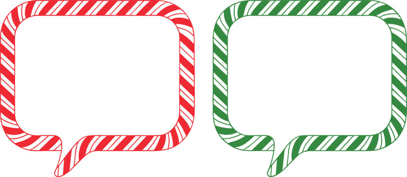 Cheerful red and green candy cane striped speech bubbles for festive holiday messages with bright lighting on white background.