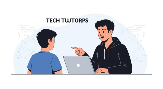 Technology Tutor Teaching Student Computer Skills with Laptop and Circuit Board Graphics
