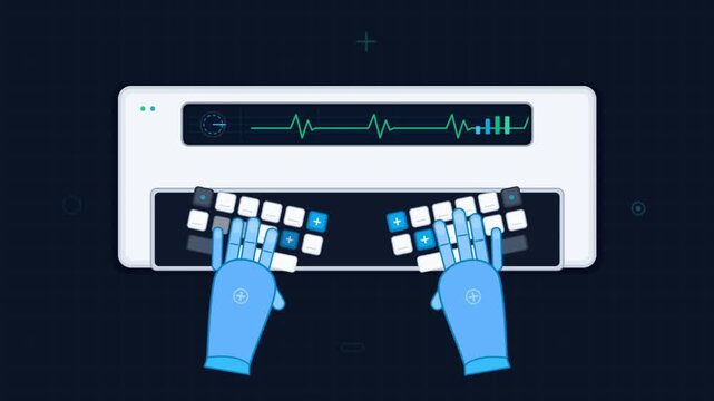 Robotic hands typing on modern ergonomic split keyboard illustration