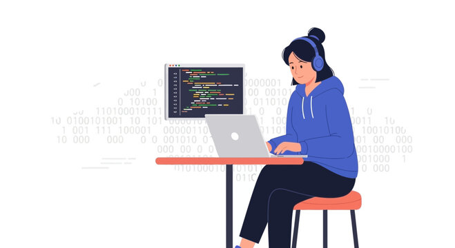 Woman programmer coding on laptop wearing headphones, with binary code background