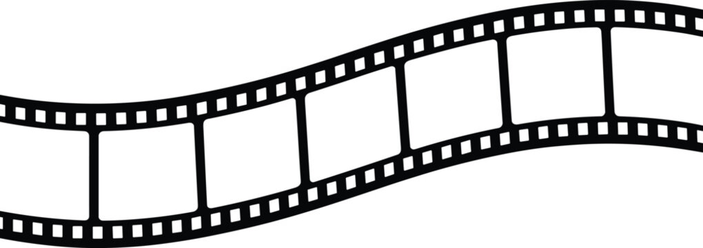 Professional black wavy film strip vector illustration scrolls across a white background with high contrast cinematic light.
