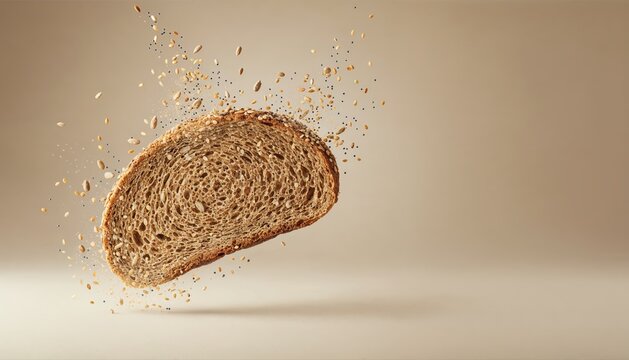 Slice of Multigrain Bread in Mid-Air: A single slice of rustic multigrain bread, captured in motion, with scattered seeds and crumbs flying outwards against a warm, neutral background.